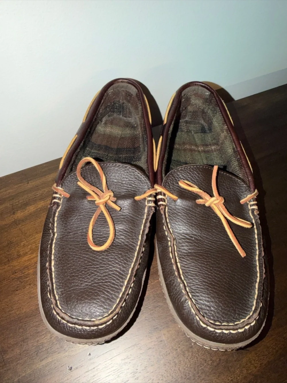 L.L. Bean Handsewn Flannel Lined Moccasin Slippers Men's Brown Leather - US 12